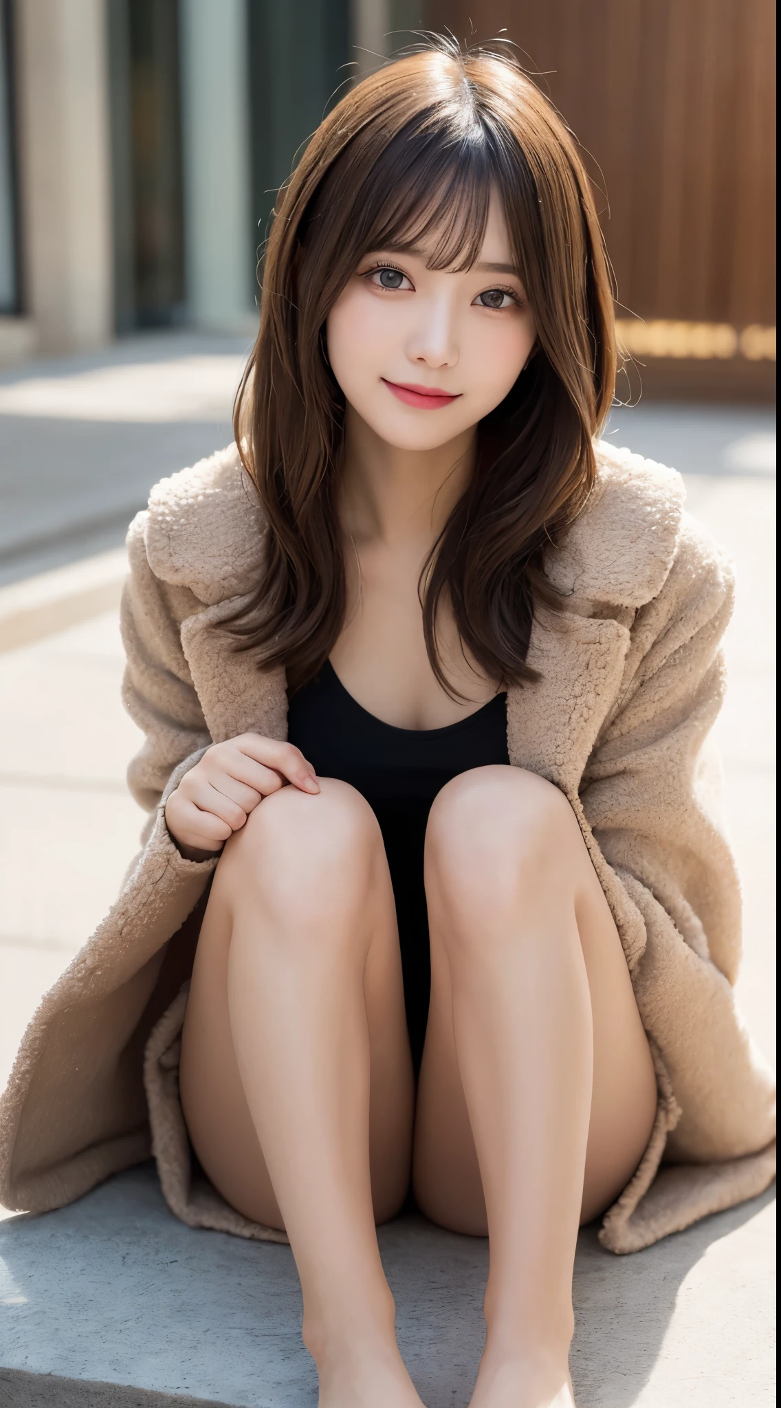 Tabletop, Highest quality, shape, Very detailed, finely, High resolution, 8k wallpaper, 完璧なダイナミックな構shape, Beautiful and detailed, Medium Hair, Small breasts, Natural color lip, Random sexy poses,smile,20-year-old girl、Midnight、Beautiful and elaborate face、Perfect and beautiful face,Big eyes、RAW Photos、Expressing feminine poses with the whole body、Beautiful and detailed、Small face、Beautiful Duplex、Slim face and figure,Luxury brand mink coat(Inside:Winter clothes)、Beautiful golden ratio face,Straight hair,Bright expression、Foot shot、Blur the background,Beautiful legs,Anatomically correct body