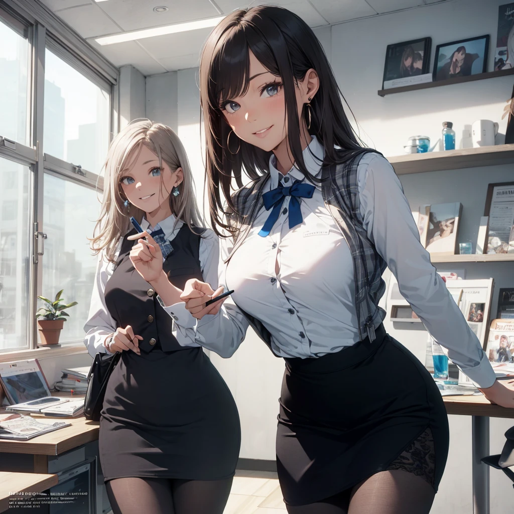 (Best Quality, Masterpiece),Wearing a pink plaid vest, White short sleeved shirt, Gray pencil skirt, Wear stiletto heels, Necklace, earrings, Cute face, Smile, Blushing, Shyness, Glass wall, Ultra Detail, Realistic, Front view, Whole body, stunning, cute, warm smile, hourglass figure, apron, text, chart, advertising, magazine title(Best Quality, Masterpiece), Mag((((1ladyl,)))) (masterpiece), (realistic), (best quality), (ultra-detailed), (wearing in [[white and gray check pattern]] Vest worn over white collared long-sleeved shirt:1.4), (gray vest with buttons:1.2), (Pink Theme:1.2), (blue ribbon ribbon:1.3), (Black theme:1.4), (Tight black pencil skirt:1.5), ((Brown pantyhose)), (high-heels:1.1),longskirt,office desk, office chair,Lulubre Unity 8K Wallpaper, pantyshot, long brown hair, office lady Magazine Cover, 1girl,  amazing, girl, 30 years old, house wiife, warm smile, hourglass figure, text, chart, advertising, magazine title