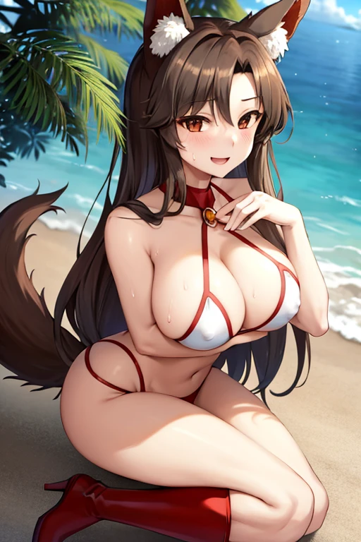 masterpiece, best quality, beautiful art, high resolution, well formed hands, body and fingers, 1 woman, solo, Imaizumi Kagerou, wolf ears and wolf tail, full body picture, grown up, adult, large and rounded breasted, cleavage, hair ornament, wearing a Tyris Flare outfit , white_bikini, full body, sexy and skimpy bikini, gorgeous hips, legs and thighs bouncing breasts, red boots, doing exercise, warming up, working out, sexy and captivating training, smiling joyfully and happily , looking at the viewer, , sweating , bouncing breasts, bikini thong, training montage session, beach environment