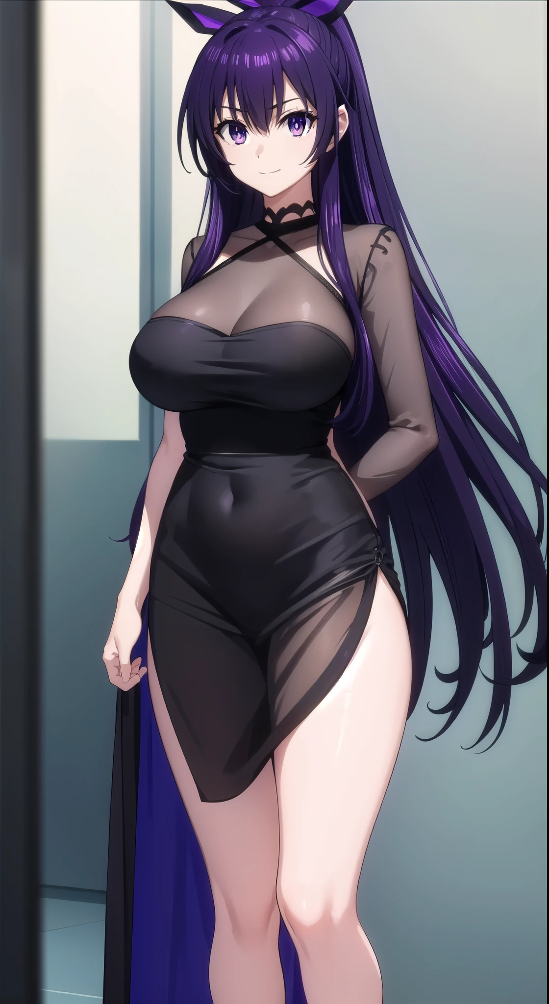 tohkayatogami, tohka yatogami casual, long hair, purple hair, alluringly smile , black mesh dress, maxi dress, sheer black ,long sleeve, black colour (purple eyes:1.1), hair ribbon, ponytail, purple hair, white ribbon, E cup breasts, bewitched thighs, slender waist, plump butt , high heels
BREAK ,
BREAK daylight ,alone,
BREAK looking at viewer, standing, beauty poses
BREAK (masterpiece:1.2), best quality, high resolution, unity 8k wallpaper, (illustration:0.8), (beautiful detailed eyes:1.6), extremely detailed face, perfect lighting, extremely detailed CG, (perfect hands, perfect anatomy),