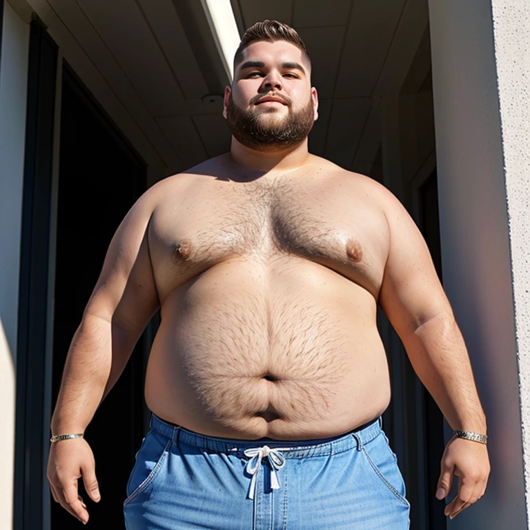 Close up of a person with a very large belly, photo taken from the front, Full growth at the front, Central full body frontal shot, photo taken from the front, Taken in the early 2020s, Showing shoulders from the front, seen from the front, frontal photo still, half body cut