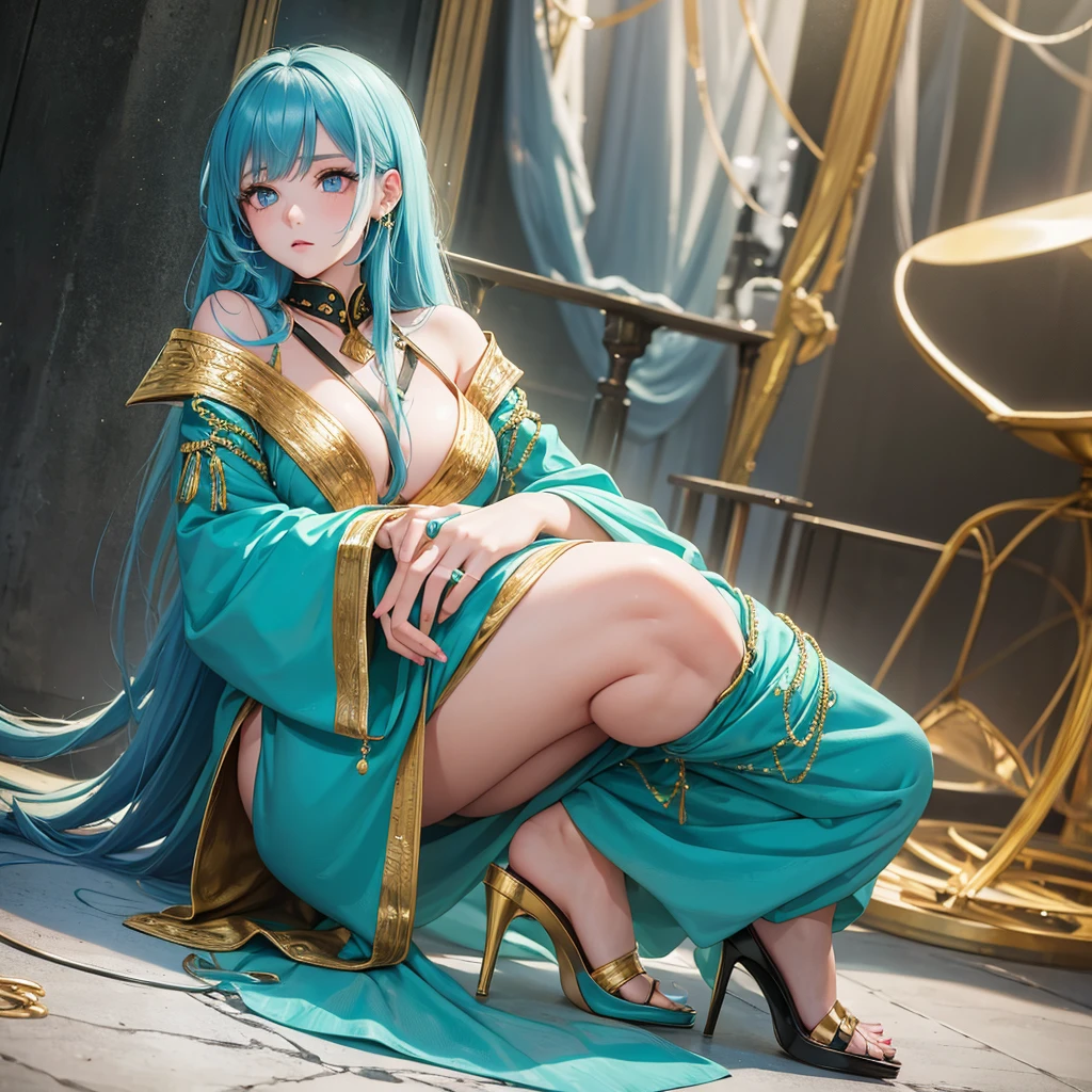 A shy girl, hair green, blue colored eyes, gold colored jumpsuit clothes, high heels.
