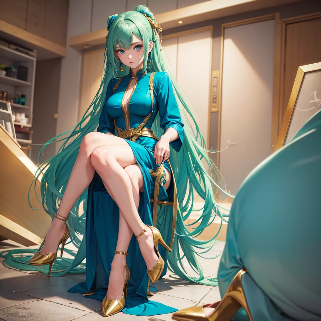 A shy girl, hair green, blue colored eyes, gold colored jumpsuit clothes, high heels.