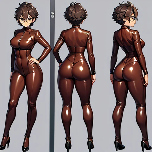 Really embarrassed tomboy Slim girl, with short gray curly hair, brown skin and glasses, In brown latex suit , full body, dynamic poses, View from back