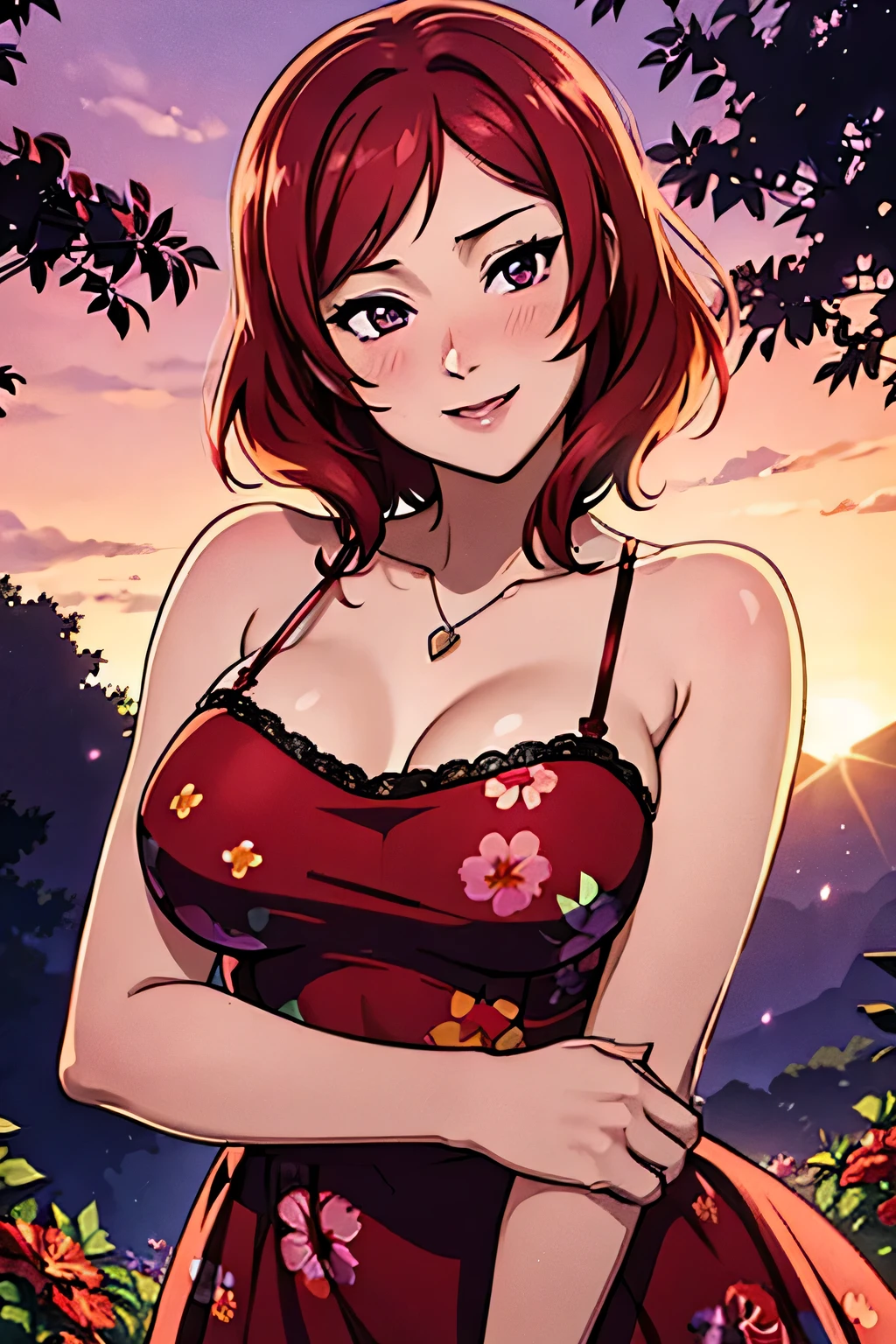 (Masterpiece, Best Quality, High Quality),Nishikino maki, Red hair, purple eyes, volumetric lighting, illustration, beautiful, upper body, (sundress:1.1), floral print, big breasts, looking to the side, confident, seductive smile, (confident, flirty, head tilt:1.1), heart pendant, perfect lighting, perfect shadows, flower, (breathtaking scenery:1.1), tree, blushing