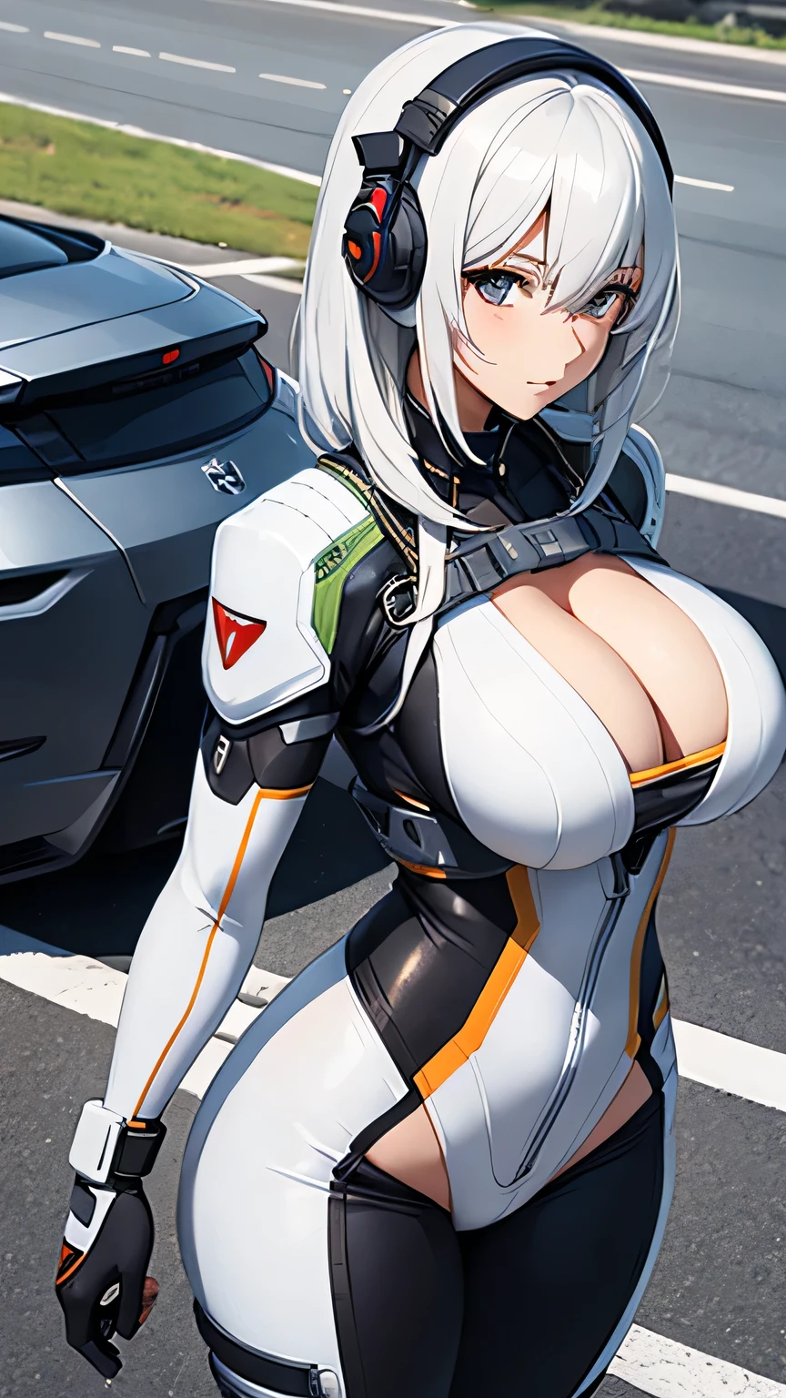 beautiful detailed female japanese, wearing Mecha Pilot Suit - High-tech jumpsuit with various utility belts and a helmet, white hair, slender, large breast, massive cleavage exposed, huge buttock, walking in the highway arrogantly