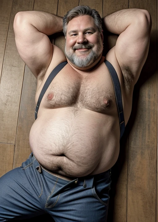 (handsome mature man plump chubby morbid extremely thick thighs bulging belly fat), older man, gray hair, white man, wearing , hairy chest, hairy belly,
mechanic overalls, bare overalls, gloves, , bulge, detailed glade on clothing, (fat and corpulent: 1.3), full beard very long, looking at the viewer, handsome man, detailed eyes, symmetrical face, mischievous smile, robust, mustache, longer hair, his body is lying sideways on the floor, front view. Fotografia de corpo inteiro fotografia de Corpo completo , capa de revista edição de luxo