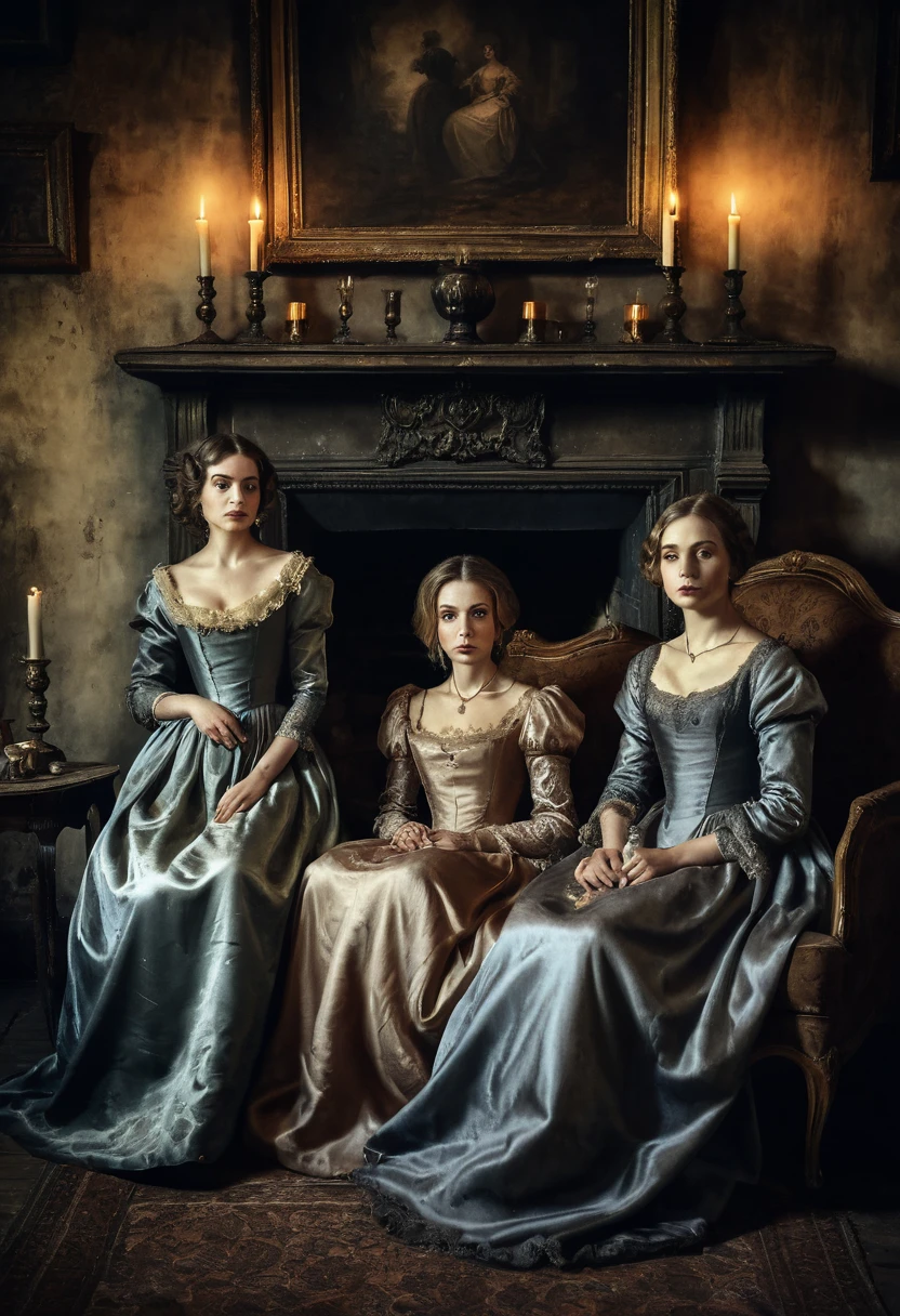 old photo of three women lady in silk dresses, sitting on old sofa, in a room with fireplace and candle lighting, horror style, desaturated, oil paint, renaissance period style