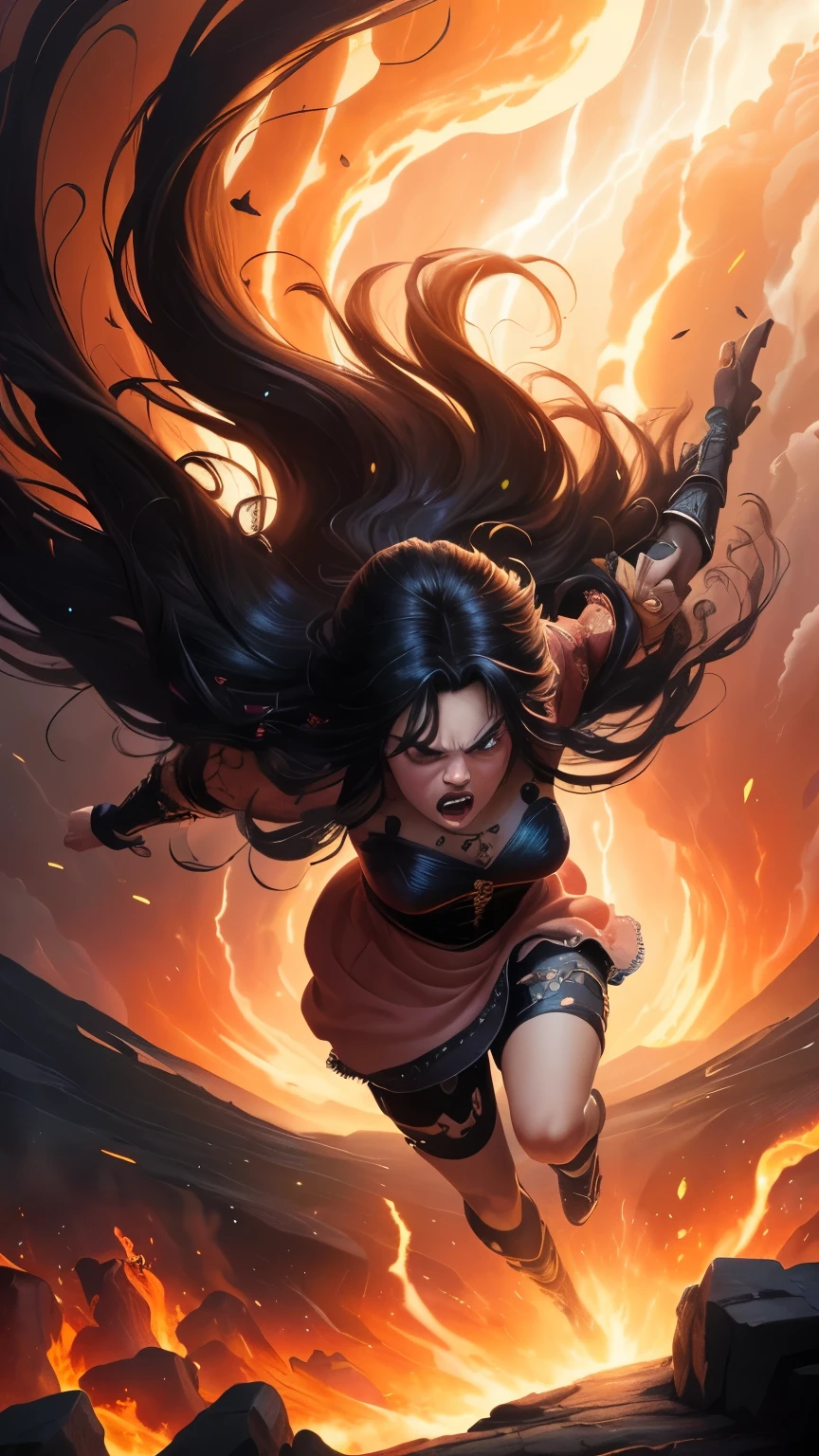 ((best quality)), ((masterpiece)), (detailed), A digital illustration of a furious woman in a light peach color princess dress with long black hair flying in the air surrounded by monsters, with a tornado and lava in the background 