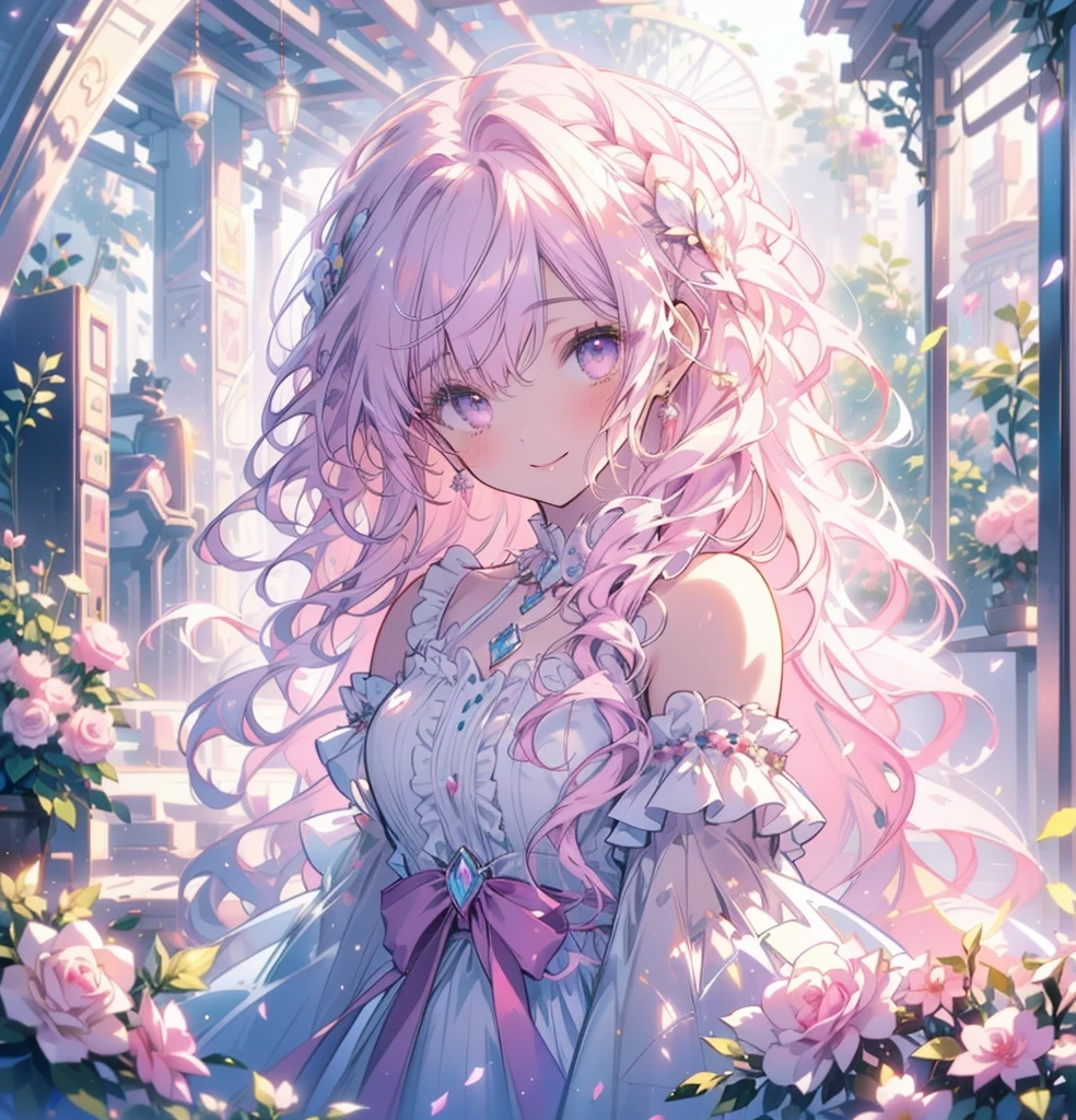 (masterpiece,Highest quality, Very detailed, beautiful, Exquisite, 16K, Full HD), (Asahi,sunlight,sunny,Petals fluttering,garden),((smile,Happy:1.5)),get up,((Frills, Rhinestones and flowers,Sparkling fluffy layered ball gown)), Lots of flowers,Floral decoration,((Surrounded by roses)),(Pink medium hair,Hair blowing in the wind, Wavy Hair,Fluffy hair),(White skin,Lavender eyes, Long eyelashes, Big eyes,Pale pink cheeks),Dazzling Light, Warm lighting, (pastel colour,Fantasy art:1.2),Front facing