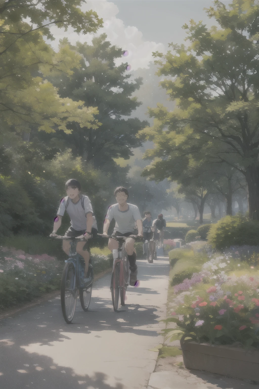 People of various ages, smiling faces Exercising in a colorful park The trees and flowers are very beautiful. In the morning, see the flowers bloom. Show good health