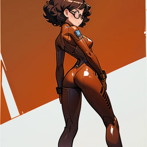Really embarrassed tomboy Slim girl, with short gray curly hair, brown skin and glasses, In brown latex suit , full body, dynamic poses, View from back