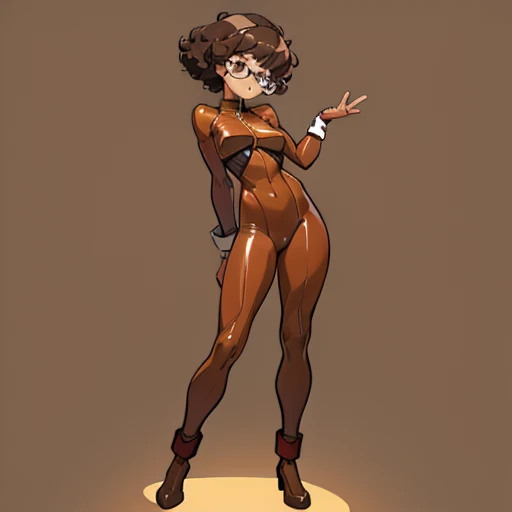 Really embarrassed tomboy Slim girl, with short gray curly  hair, brown skin and  glasses, In brown  latex suit   , full body, dynamic poses, View from back 