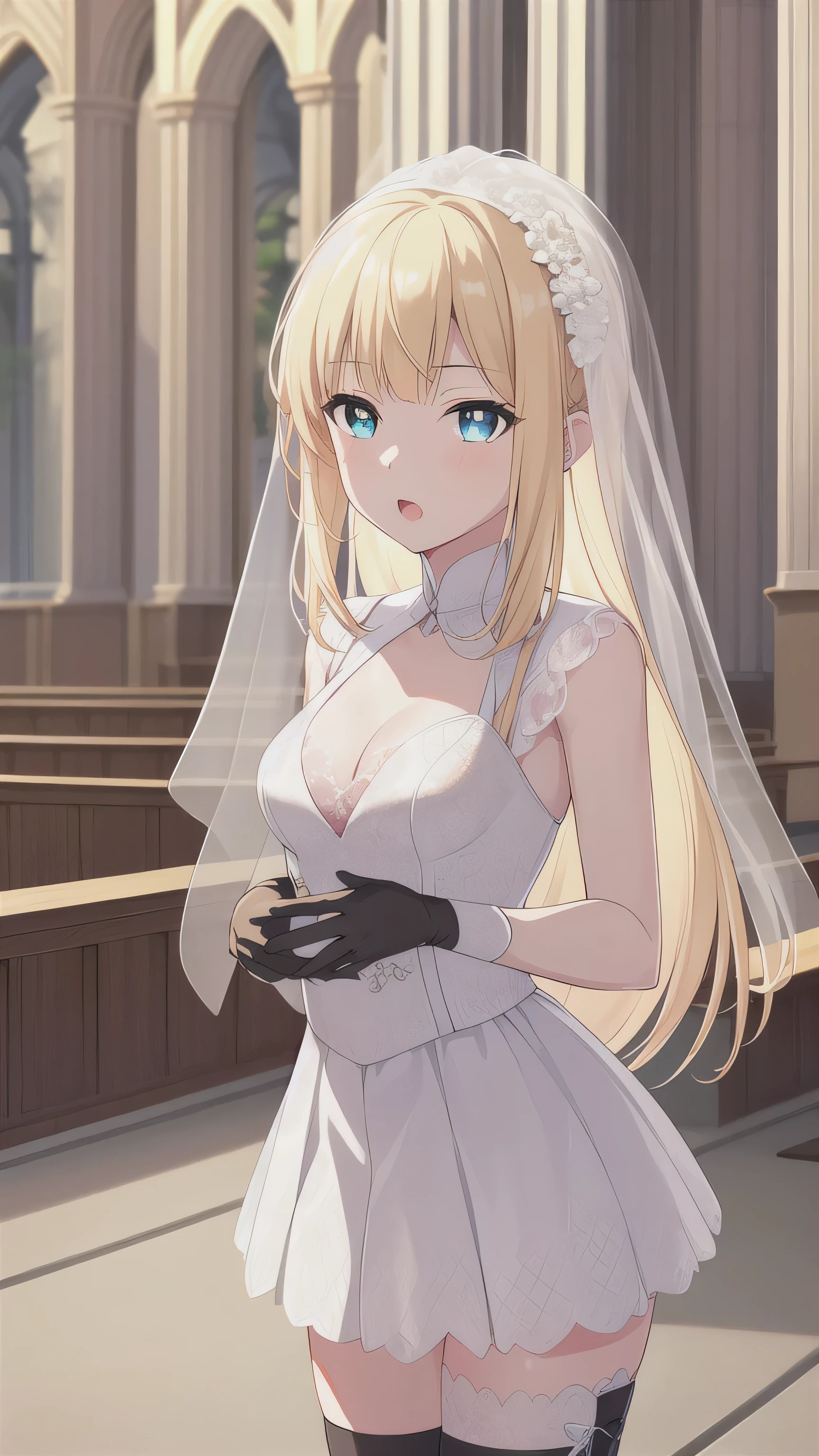 A girl，16 years old，Long hair, bangs, bionde, Hair between the eyes, Blue eyes:（1.5),  (Medium  1.2), 
rest clavicle, Wedding Dress，veil，wedding，White skirt，Flowers，dress，Black socks，Black knee socks，Black Gloves，Boots，Cleavage，
Looking at the audience, whole body, open mouth，indoor, church，Standing，Upright，Standing，
rest (masterpiece:1.2), best quality, high resolution,  8k wallpaper, (illustration:0.8), (Beautiful and delicate eyes:1.6), Extremely detailed face, Perfect lighting, Extremely detailed CG, (Perfect hands, Perfect anatomical structure),