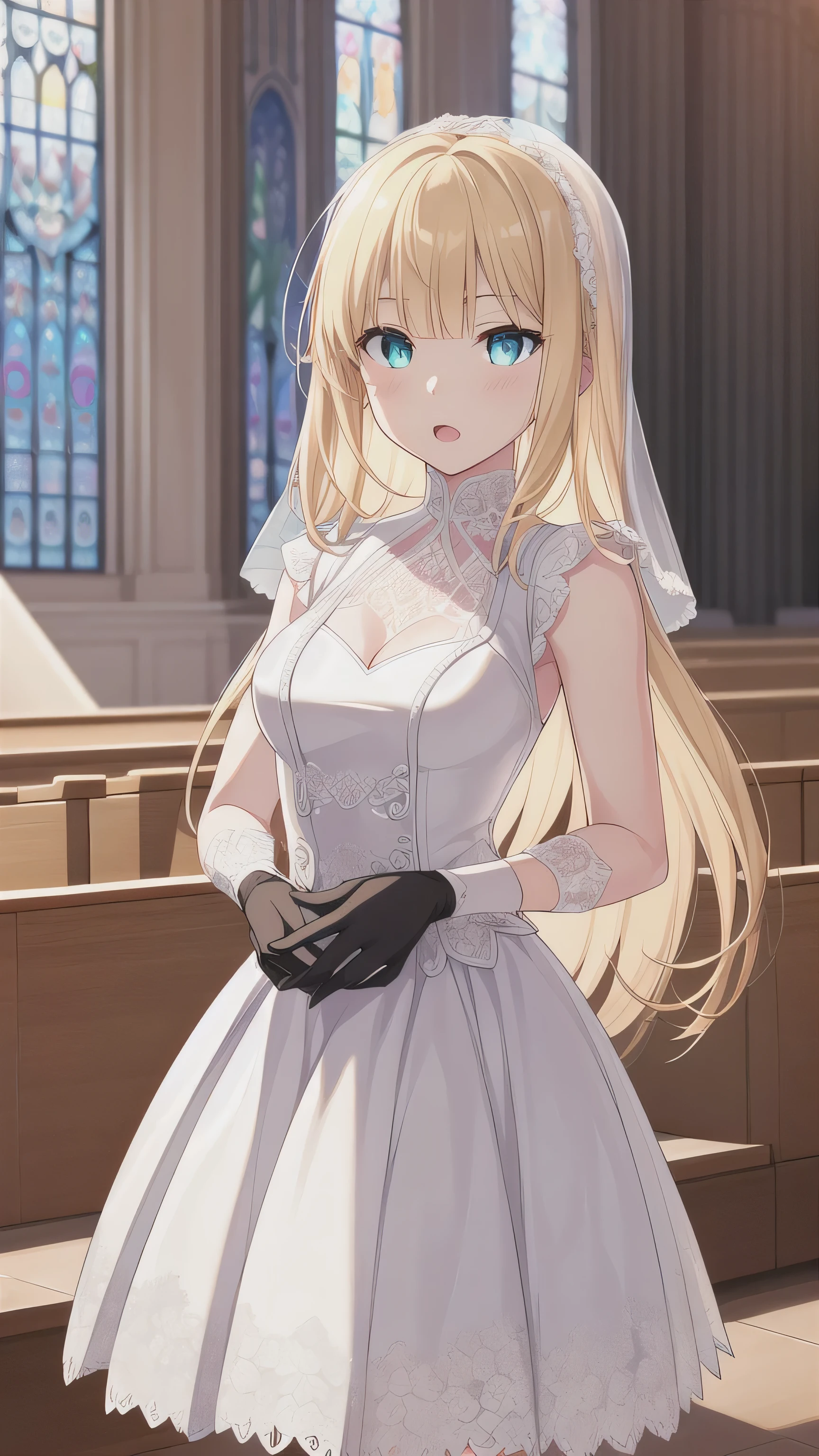 A girl,,Long hair, bangs, bionde, Hair between the eyes, Blue eyes:(1.5), (Medium 1.2),
rest clavicle, Wedding Dress,veil,wedding,White skirt,Flowers,dress,Black socks,Black knee socks,Black Gloves,Boots,Cleavage,
Looking at the audience, whole body, open mouth,indoor, church,Standing,Upright,Standing,
rest (masterpiece:1.2), best quality, high resolution, 8k wallpaper, (illustration:0.8), (Beautiful and delicate eyes:1.6), Extremely detailed face, Perfect lighting, Extremely detailed CG, (Perfect hands, Perfect anatomical structure),