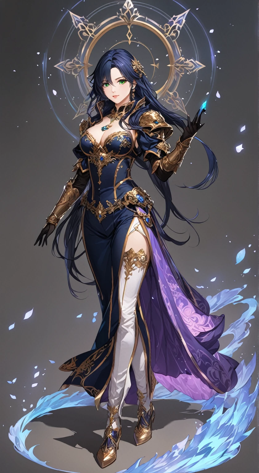 masterpiece, best quality, good quality, Fantasy Aesthetic, Highly detailed, shadowverse style, female, green eyes, dark blue hair, long hair