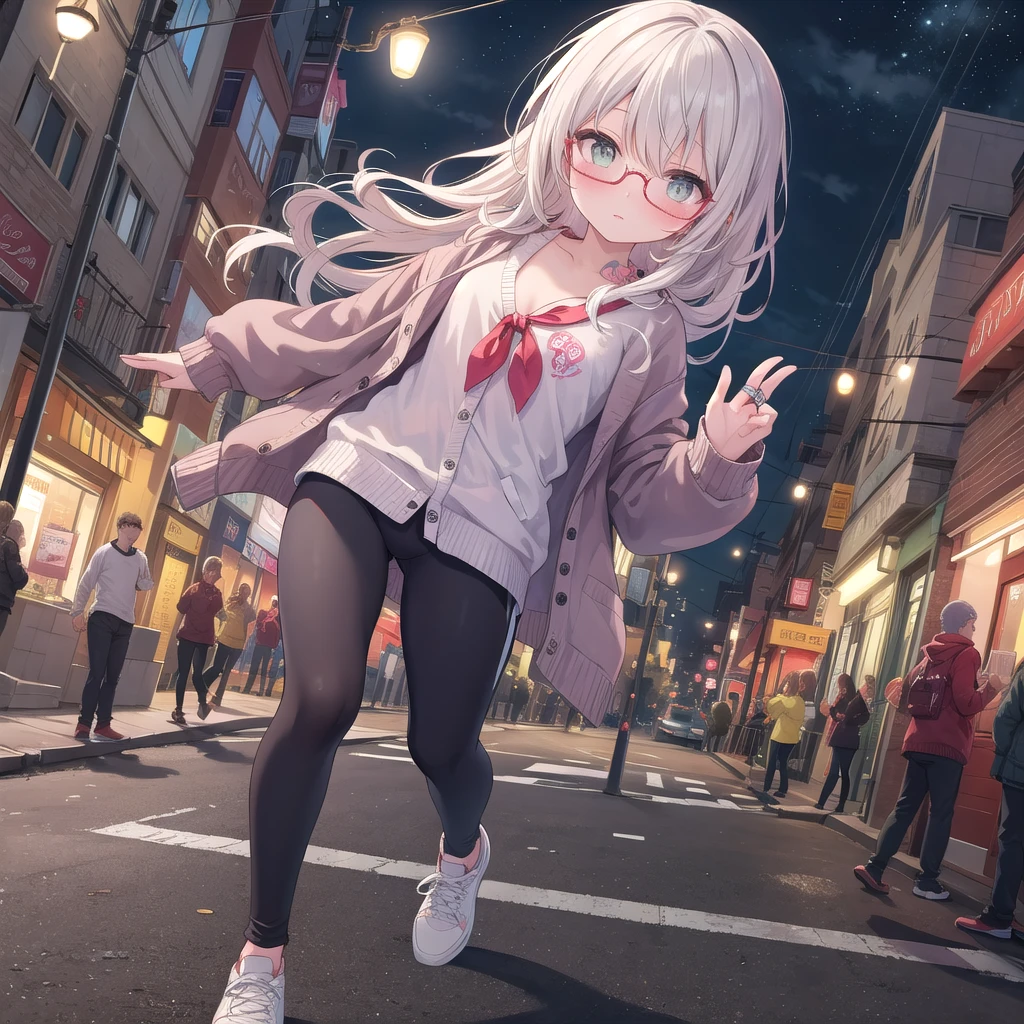 best quality, masterpiece, light, complex, cinematic detailed Practical background, Delicate face, whole body, Small Breasts, Practical, Clear lines, , , 1 girl jogging, city View, night, Tie-Dye Shirt, Looking at the audience, Tattoo, Model pose, Cardigan sweater, The eyes have rings, Street Lights, lamp post, Yoga Pants, Variegated hair, Glasses,, ,  