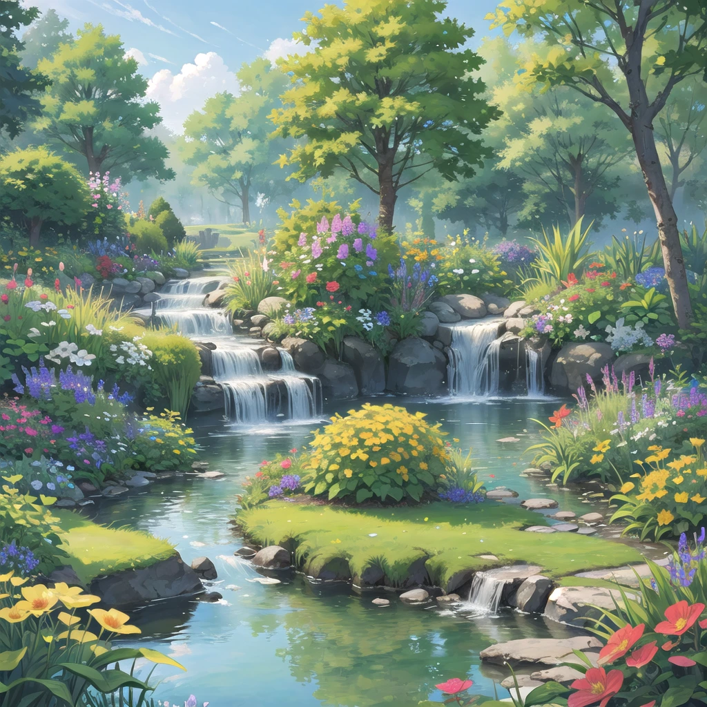 Pixelart generates a beautiful and tranquil image of a garden, There are colorful flowers, gentle stream, And the sounds of nature. Show tranquility, Life, and the beauty of a perfect day.