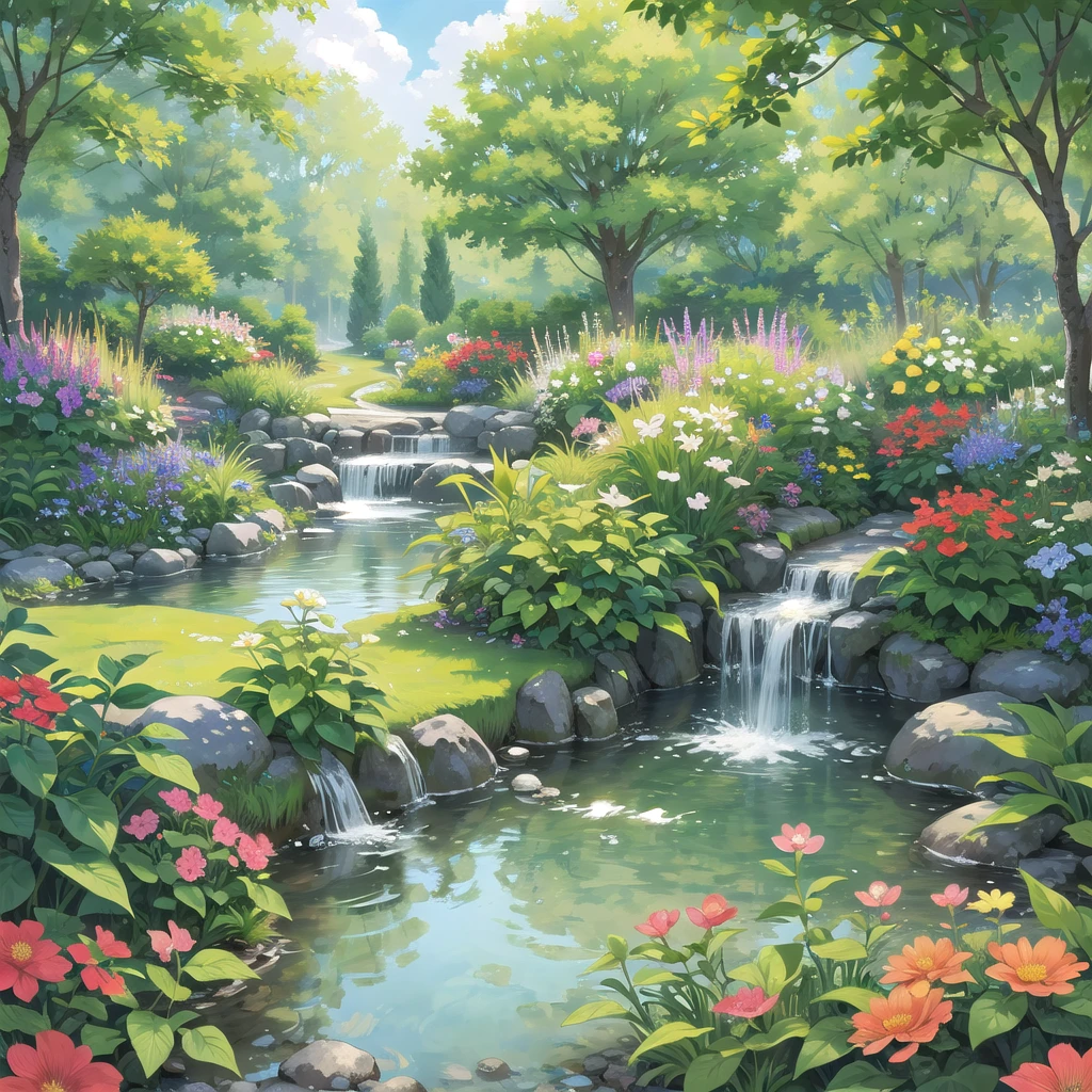 Pixelart generates a beautiful and tranquil image of a garden, There are colorful flowers, gentle stream, And the sounds of nature. Show tranquility, Life, and the beauty of a perfect day.