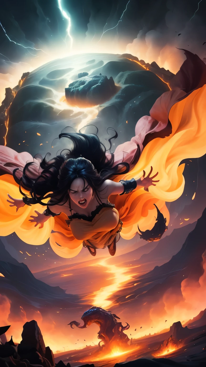 ((best quality)), ((masterpiece)), (detailed), A digital illustration of a furious woman in a light peach color princess dress with long black hair flying in the air surrounded by monsters, with a tornado and lava in the background