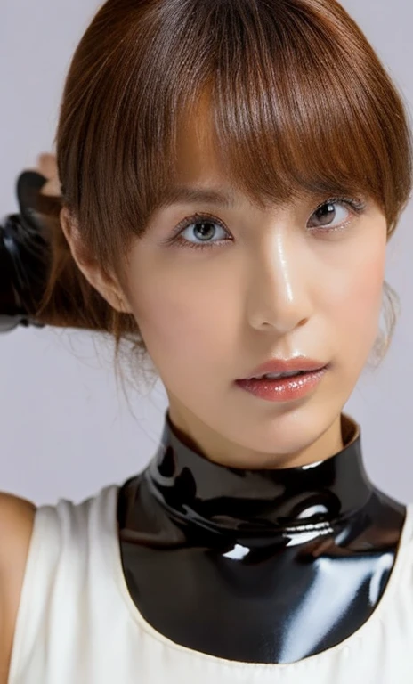 masutepiece, Best Quality, Illustration, Ultra-detailed, finely detail, high resolution, 8K Wallpaper, Perfect dynamic composition, 1 beautiful girl, pointing at the viewer, ((close up:1.3, from above, looking at viewer)), Beautiful detailed eyes, (wearing Latex Costume, Latex gloves, black short bob-hair, color base on white black blue shine red),