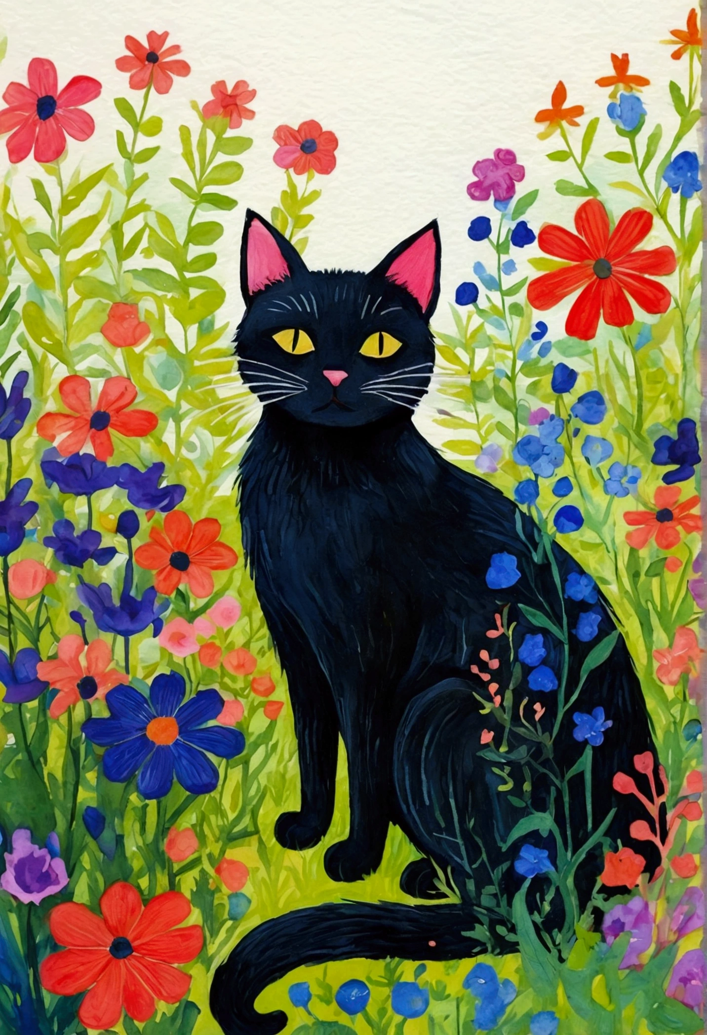 a painting of a black cat sitting in a garden of flowers, cat in the forest, gouache on paper, gouache and ink, magical fauvism, painting of a cat, cats and plants, by Annabel Kidston, colorfull illustration, inky illustration, gouache illustration, illustrated in whimsical style, inspired by Pacita Abad, gouache on canvas