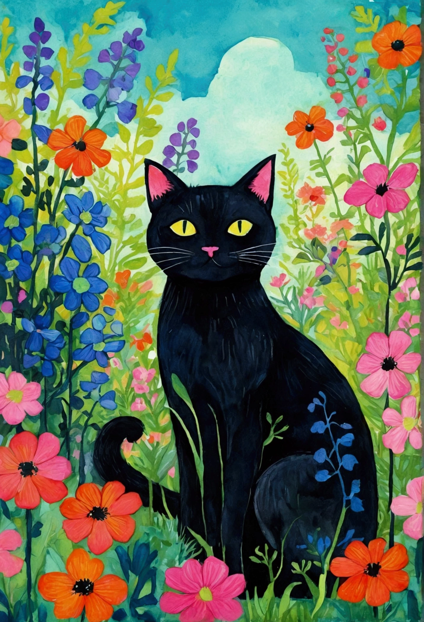 a painting of a black cat sitting in a garden of flowers, cat in the forest, gouache on paper, gouache and ink, magical fauvism, painting of a cat, cats and plants, by Annabel Kidston, colorfull illustration, inky illustration, gouache illustration, illustrated in whimsical style, inspired by Pacita Abad, gouache on canvas