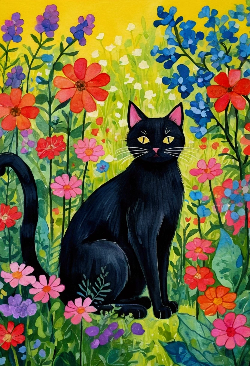 a painting of a black cat sitting in a garden of flowers, cat in the forest, gouache on paper, gouache and ink, magical fauvism, painting of a cat, cats and plants, by Annabel Kidston, colorfull illustration, inky illustration, gouache illustration, illustrated in whimsical style, inspired by Pacita Abad, gouache on canvas