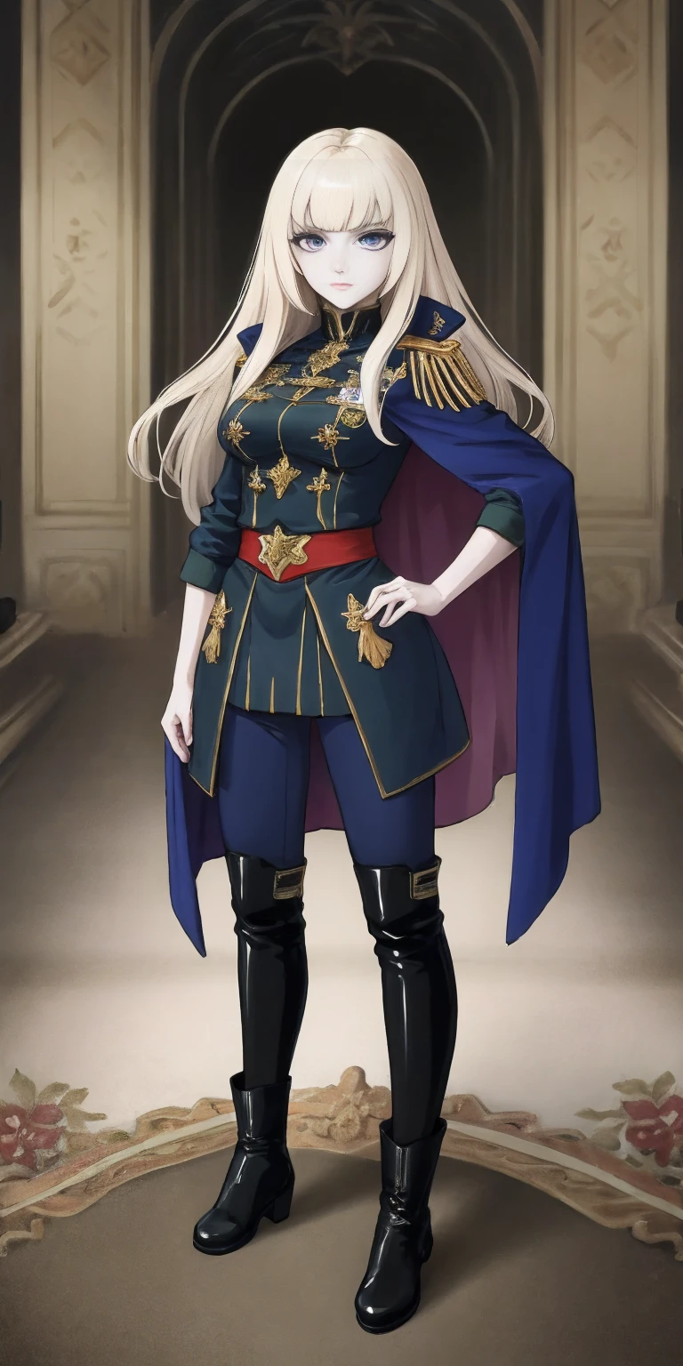 A woman with long platinum blonde hair, choppy bangs, arched crescent eyebrows, sharp and determined eyes, a delicate oval face, a serious expression, a fantasy-style dark green military coat, draped with a dark red waist-length cloak, military trousers, leather combat boots, silver greaves leggings, one hand on her hip, standing in a spacious training ground, this character embodies a finely crafted fantasy-style female military officer in anime style, exquisite and mature manga art style, pale skin, high definition, best quality, highres, ultra-detailed, ultra-fine painting, extremely delicate, professional, perfect body proportions, golden ratio, anatomically correct, symmetrical face, extremely detailed eyes and face, high quality eyes, creativity, RAW photo, UHD, 32k, Natural light, cinematic lighting, masterpiece-anatomy-perfect, masterpiece:1.5