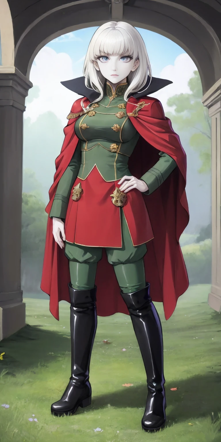 A woman with long platinum blonde hair, choppy bangs, arched crescent eyebrows, sharp and determined eyes, a delicate oval face, a serious expression, a fantasy-style dark green military coat, draped with a dark red waist-length cloak, military trousers, leather combat boots, silver greaves leggings, one hand on her hip, standing in a spacious training ground, this character embodies a finely crafted fantasy-style female military officer in anime style, exquisite and mature manga art style, pale skin, high definition, best quality, highres, ultra-detailed, ultra-fine painting, extremely delicate, professional, perfect body proportions, golden ratio, anatomically correct, symmetrical face, extremely detailed eyes and face, high quality eyes, creativity, RAW photo, UHD, 32k, Natural light, cinematic lighting, masterpiece-anatomy-perfect, masterpiece:1.5