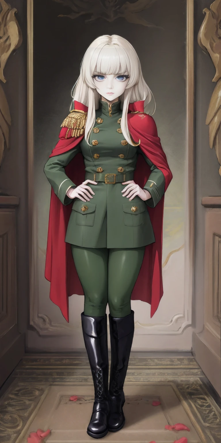 A woman with long platinum blonde hair, choppy bangs, arched crescent eyebrows, sharp and determined eyes, a delicate oval face, a serious expression, a fantasy-style dark green military coat, draped with a dark red waist-length cloak, military trousers, leather combat boots, silver greaves leggings, one hand on her hip, standing in a spacious training ground, this character embodies a finely crafted fantasy-style female military officer in anime style, exquisite and mature manga art style, pale skin, high definition, best quality, highres, ultra-detailed, ultra-fine painting, extremely delicate, professional, perfect body proportions, golden ratio, anatomically correct, symmetrical face, extremely detailed eyes and face, high quality eyes, creativity, RAW photo, UHD, 32k, Natural light, cinematic lighting, masterpiece-anatomy-perfect, masterpiece:1.5