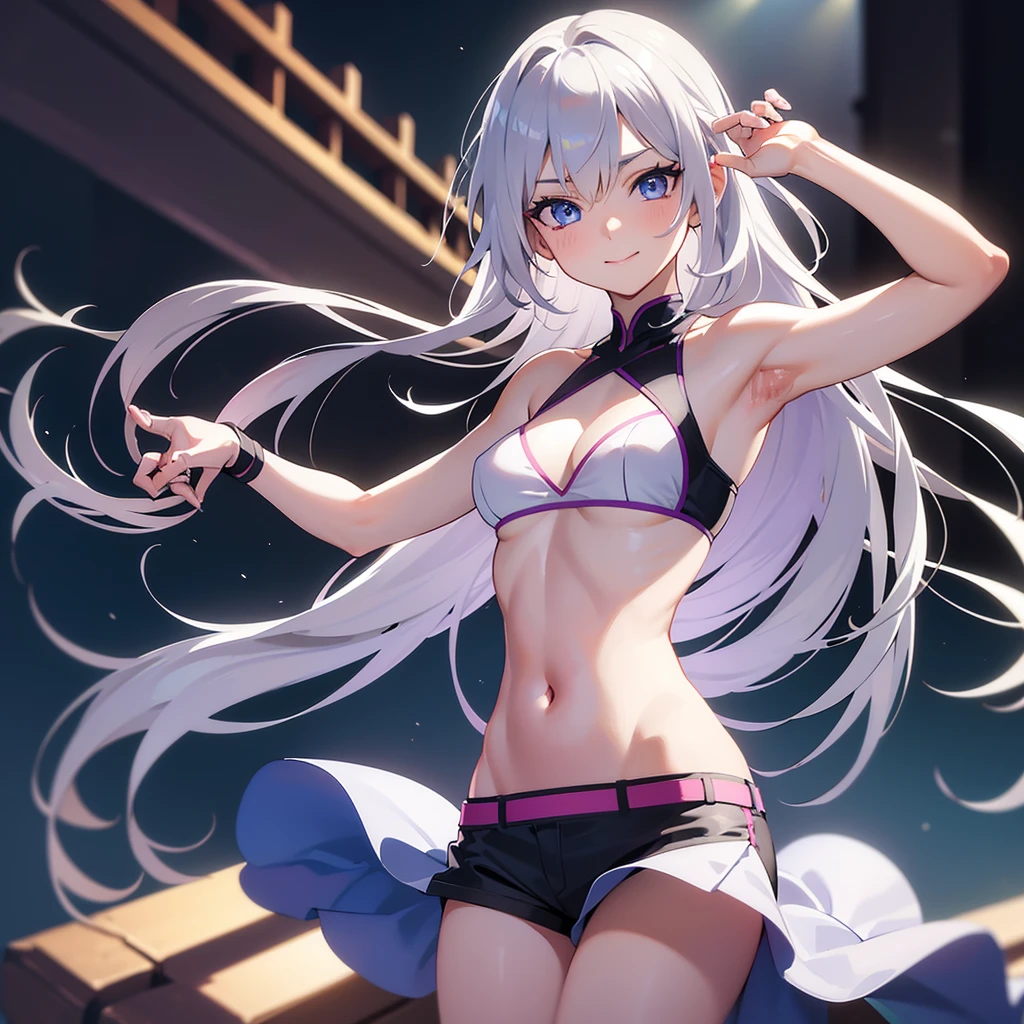 Honami Ichinose, long hair, blonde hair, (purple eyes:1.1), hair covering eyes, full body, red sports bra, smug smile, short shorts, love filter, best quality, 4k, 8k, highres, masterpiece:1.2, ultra-detailed, (realistic, photorealistic, photo-realistic:1.37), HDR, UHD, studio lighting, ultra-fine painting, sharp focus, physically-based rendering, extreme detail description, professional, vivid colors, bokeh, portrait,long hair,((silver hair,blue eyes)), daylight, sunlight, (perfect body : 1.0),thin woman,The body very thin,Rib chest,The waist very thin,The ribs are noticeable,Protruding ribs,The waist very thin,Sunken abdomen,Delicate arms
