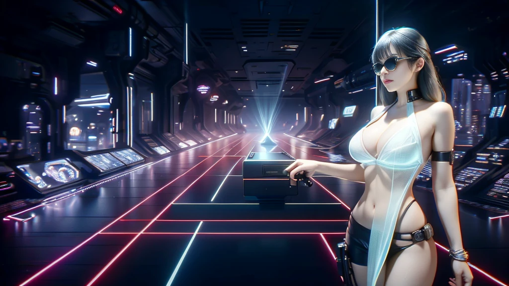 DonMH010D15pl4y, cyberpunk city. (((1girl, solo, alone))), large-breast:1.2 slim:0.6 body, cleavage:1.1, sexy lingerie with jacket, (black sunglasses), (((holding a pistol))), dynamic pose, ((half-body thigh:1.1 level medium shot)), mysterious fog, cinematic lighting, ray tracing.