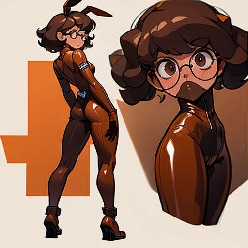 Really embarrassed tomboy Slim girl, with short gray curly hair, brown skin and glasses, In brown latex Bunny suit , full body, dynamic poses, View from back
