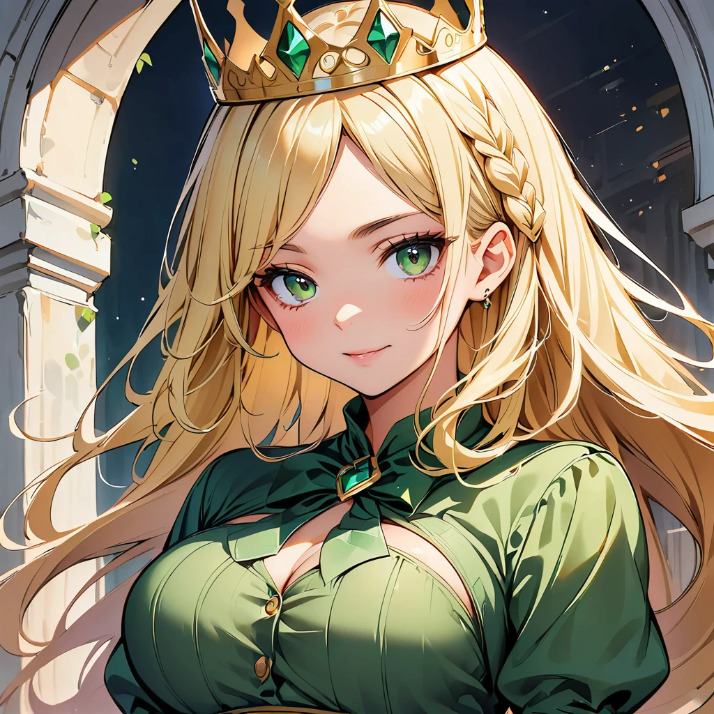 AGE: 15 Height: 1.70cm Weight: 55 Kg Skin color: pale eye color: Emerald green.
Hair color: blonde (light gold)
hairstyle: long and straight, wearing a French braid in the shape of a crown and wears bangs.
ears: small size, usually hidden under your hair Eyebrows: Thin and well defined Distinctive features: small nose and lips, big bust/chest and butt.
outfit: black bodice, black thin panties.