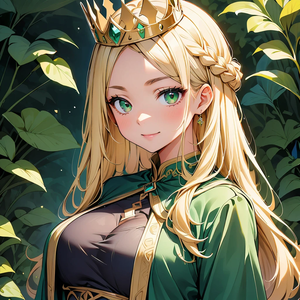 AGE: 15 Height: 1.70cm Weight: 55 Kg Skin color: pale eye color: Emerald green.
Hair color: blonde (light gold)
hairstyle: long and straight, wearing a French braid in the shape of a crown and wears bangs.
ears: small size, usually hidden under your hair Eyebrows: Thin and well defined Distinctive features: small nose and lips, big bust/chest and butt.
outfit: black bodice, black thin panties.