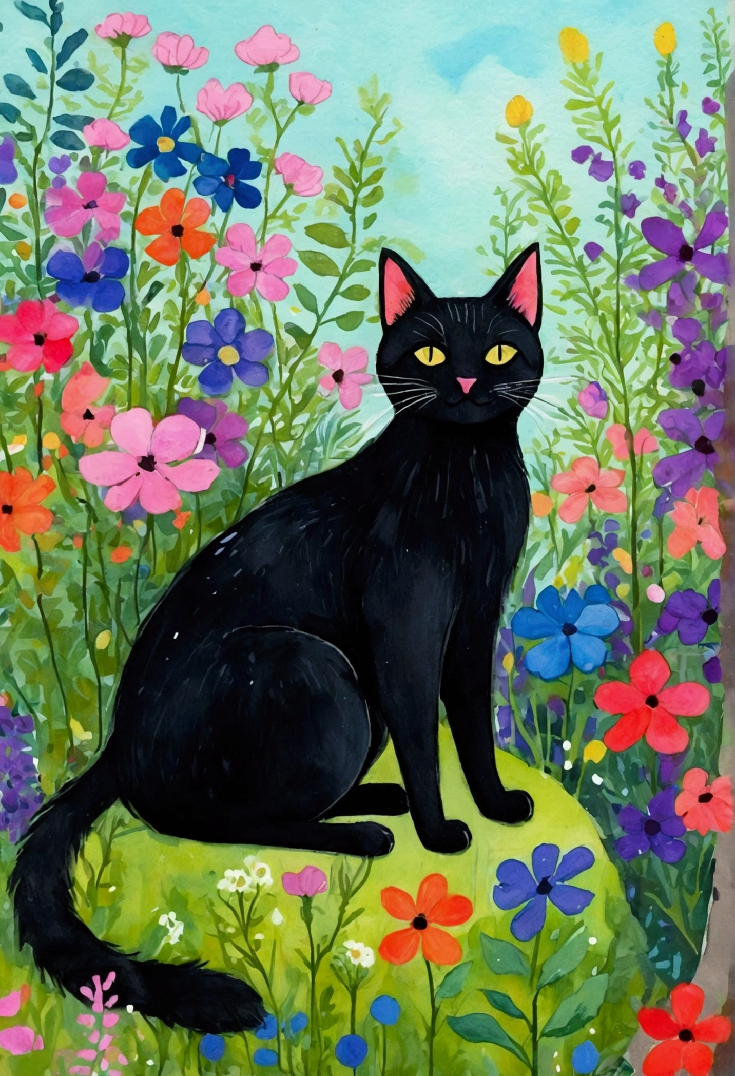 a painting of a black cat sitting in a garden of flowers, a gouache by Annabel Kidston, featured on behance, naive art, cat in the forest, gouache on paper, gouache and ink, magical fauvism, cats and plants, painting of a cat, colorfull illustration, gouache illustration, inky illustration, illustrated in whimsical style