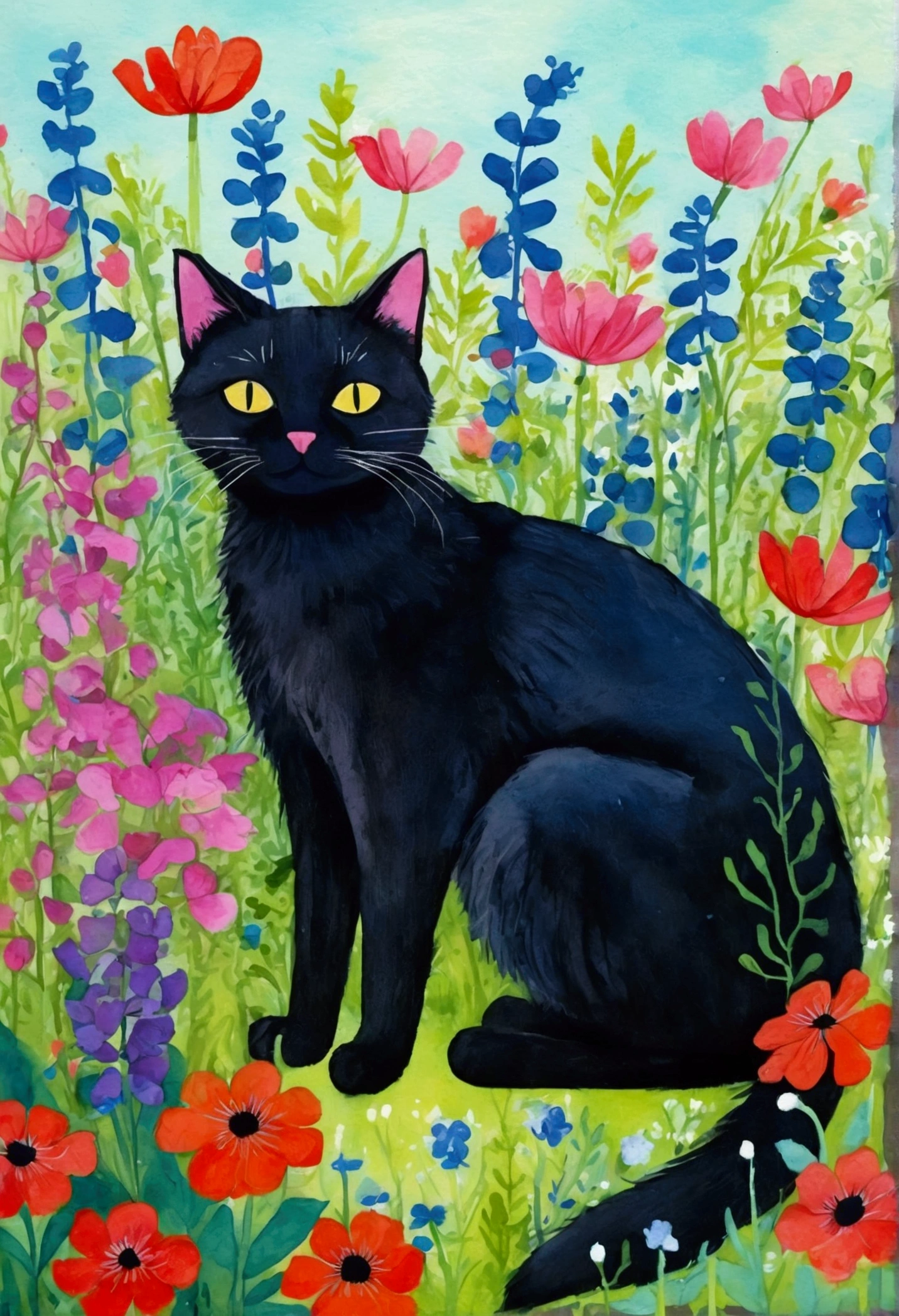 a painting of a black cat sitting in a garden of flowers, cat in the forest, gouache on paper, gouache and ink, magical fauvism, painting of a cat, cats and plants, by Annabel Kidston, colorfull illustration, inky illustration, gouache illustration, illustrated in whimsical style, inspired by Pacita Abad, gouache on canvas