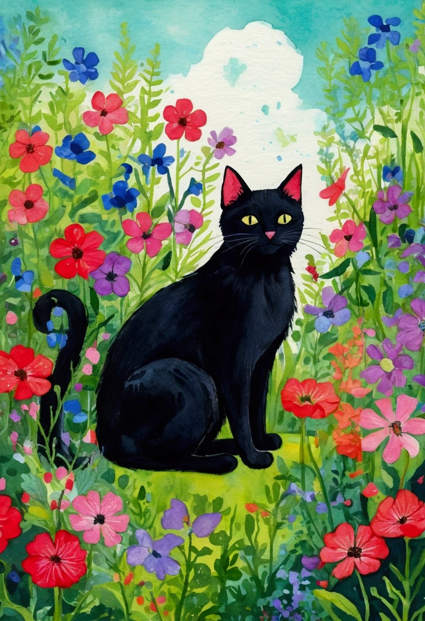 a painting of a black cat sitting in a garden of flowers, a gouache by Annabel Kidston, featured on behance, naive art, cat in the forest, gouache on paper, gouache and ink, magical fauvism, cats and plants, painting of a cat, colorfull illustration, gouache illustration, inky illustration, illustrated in whimsical style