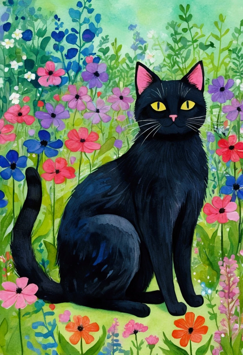 a painting of a black cat sitting in a garden of flowers, cat in the forest, gouache on paper, gouache and ink, magical fauvism, painting of a cat, cats and plants, by Annabel Kidston, colorfull illustration, inky illustration, gouache illustration, illustrated in whimsical style, inspired by Pacita Abad, gouache on canvas