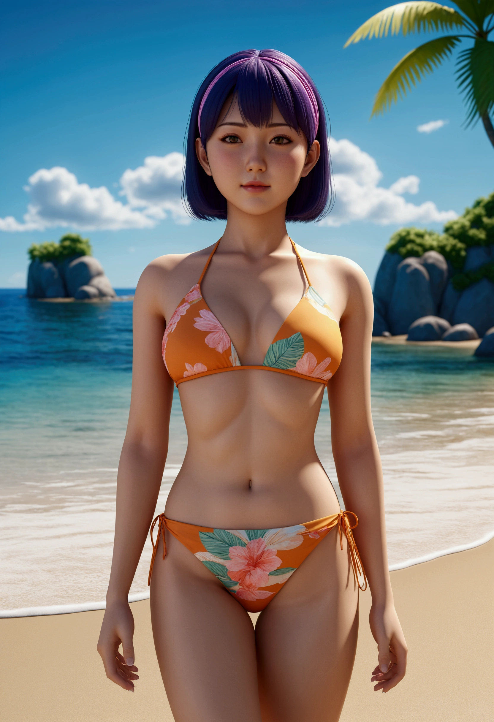 "Elegant bikini designed to showcase comfort and high fashion, modeled by Hinata Hyuga. She poses confidently on a serene beach, with a poised and composed expression. The scene features soft, natural lighting and vibrant colors that highlight the stylish swimwear. Style: 3D Render, Cinematic, Fashion, HDR, Dynamic, Portrait, Vibrant."