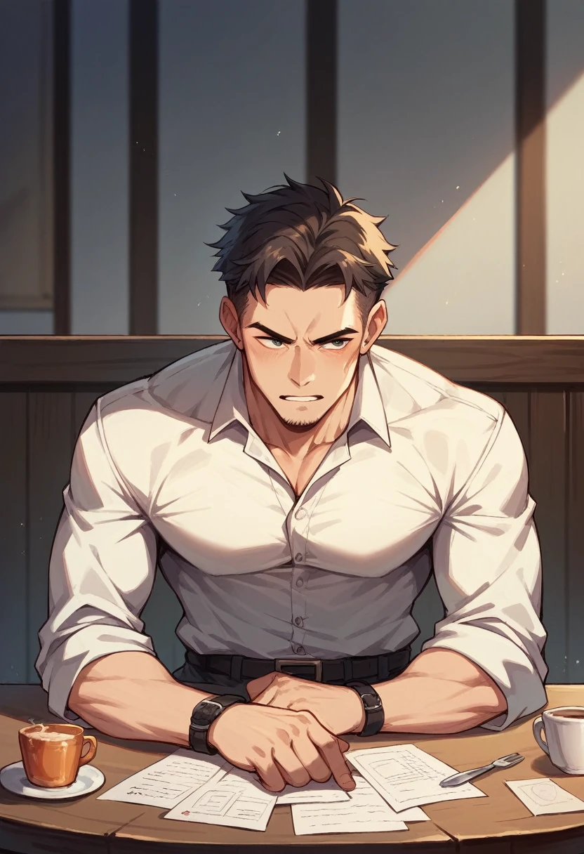 A dark-haired man sitting at a table has a hard-on