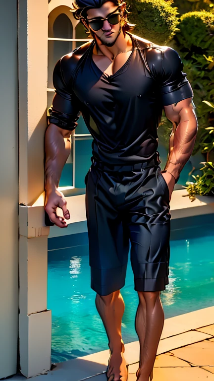 Young man tall handsome strong muscular but slim short hair silky wavy golden color looking arrogantly with sunglasses, wearing a black color trout,barefoot a black Espandex shirt with white spots, leaning on the wall of a swimming pool in the sunlight
