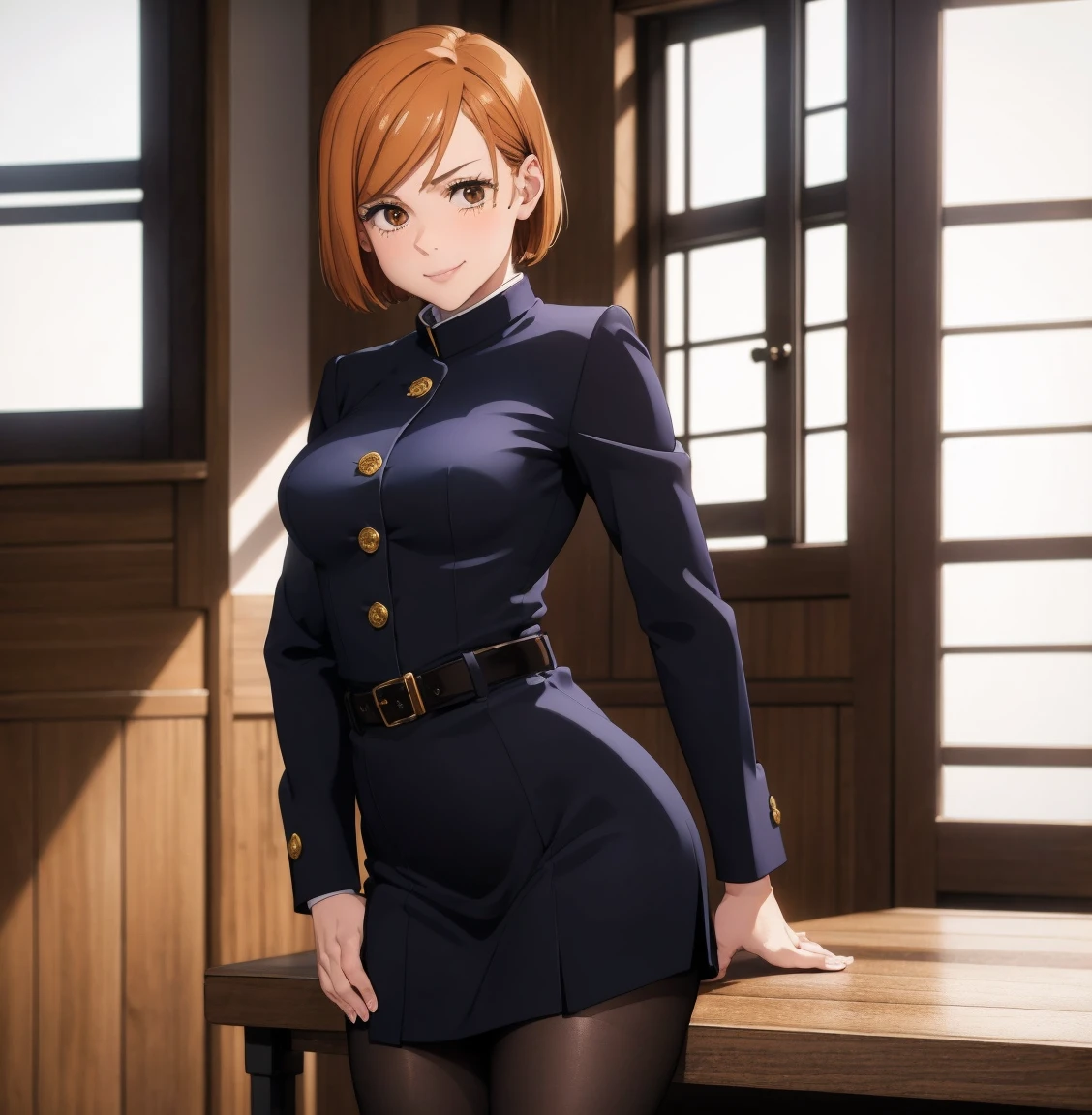 ((1 girl)),((alone)),Nobara Kugisaki,(masterpiece), (Best Quality), (ultra detailed), (best illustration), (best shadow), (absurdities), sharp focus, cowboy shot , looking at the viewer, dynamic posture, 18 years, short hair, Orange hair, Brown eyes, Mole under the outer edge of the eye, big breasts, narrow waist, Wide hips, wide thighs, round butt, short navy blue jacket, fitted jacket ,golden buttons, brown belt, High waist skirt,Navy Blue Skirt, seductive smile, black pantyhose, (pose sexy:1.2), Alone,standing:1.2, interior, Japanese School, Sunset, window, Living room, desk, desks , Thinking in the future, ((Focus on breasts)), to throw (from the middle) serious expression, red blush, perfect anatomy, perfect hands
