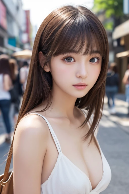 20歳の日本人一人のgirl、(beautiful girl、華奢なgirl:1.3)、(:1.3)、break、Browsing Caution、Show nudity、break、Very detailed定義、(Symmetrical eyes:1.3)、break、(Street view:1.3)、(Upper Body)、break、Small breasts、Brown eyes、Parted bangs、Brown Hair、girl、break、(Eyes and Face)with detail:1.0)、break、(masterpiece、Highest quality、Very detailed、Detailed face、8k), Facing forward