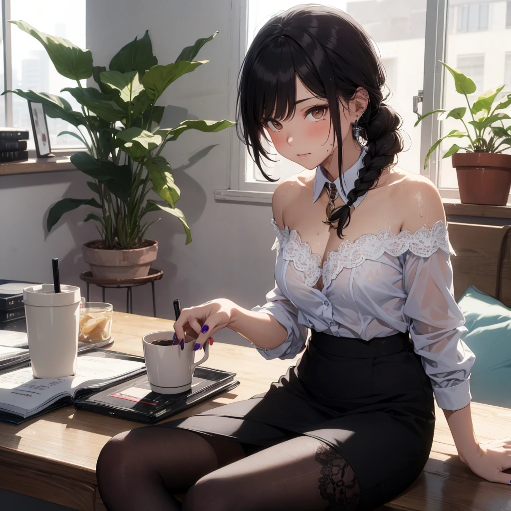 ((masterpiece)), ((best quality)), ((ultra-detailed)),1girl, pantyhose, bra, underwear, skirt, black bra, shirt, large breasts, cleavage, long hair, jewelry, necklace, open shirt, sitting, solo, black hair, lace-trimmed bra, white shirt, looking at viewer, brown eyes, tsurime,braided ponytail, indoors, mole, purple nails, blush, bangs, braid, black skirt, open clothes,wet, see-through shirt, office lady, plant, pencil skirt, window, nail polish, collared shirt, lace trim, cup, off shoulder