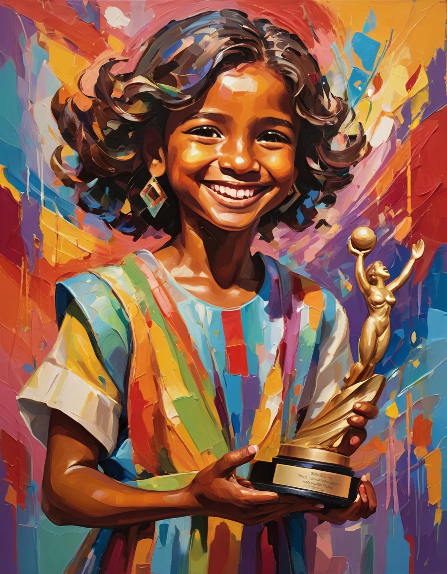 An expressionist painting of a beautiful young humanitarian receiving a prestigious award. The humanitarian's face is a powerful display of gratitude and joy, with bold, emotional brushstrokes highlighting their smile and teary eyes. The background is an abstract blend of colors and shapes, representing the applauding audience and the stage. The attire and the award statue are depicted with exaggerated lines and colors, emphasizing the emotional depth and impact of the award-winning moment.