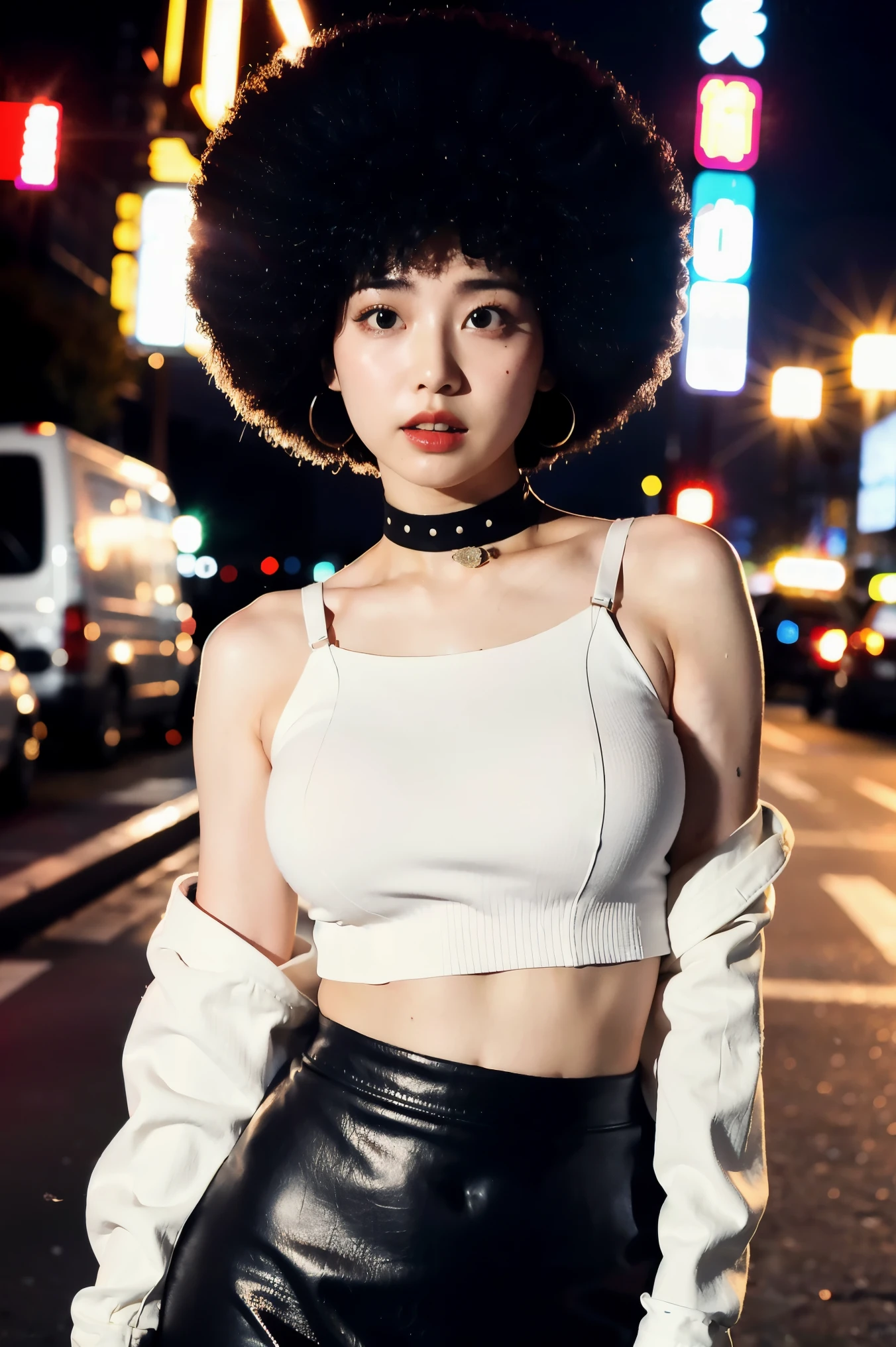 (Cinematic Aesthetic:1.4) Photo of a beautiful korean fashion model bokeh city night with round disco afro wig, bra, super mini skirt,big bust, Clevage, opened black leather jacket, make up, exposed stomach, sexy look, choker