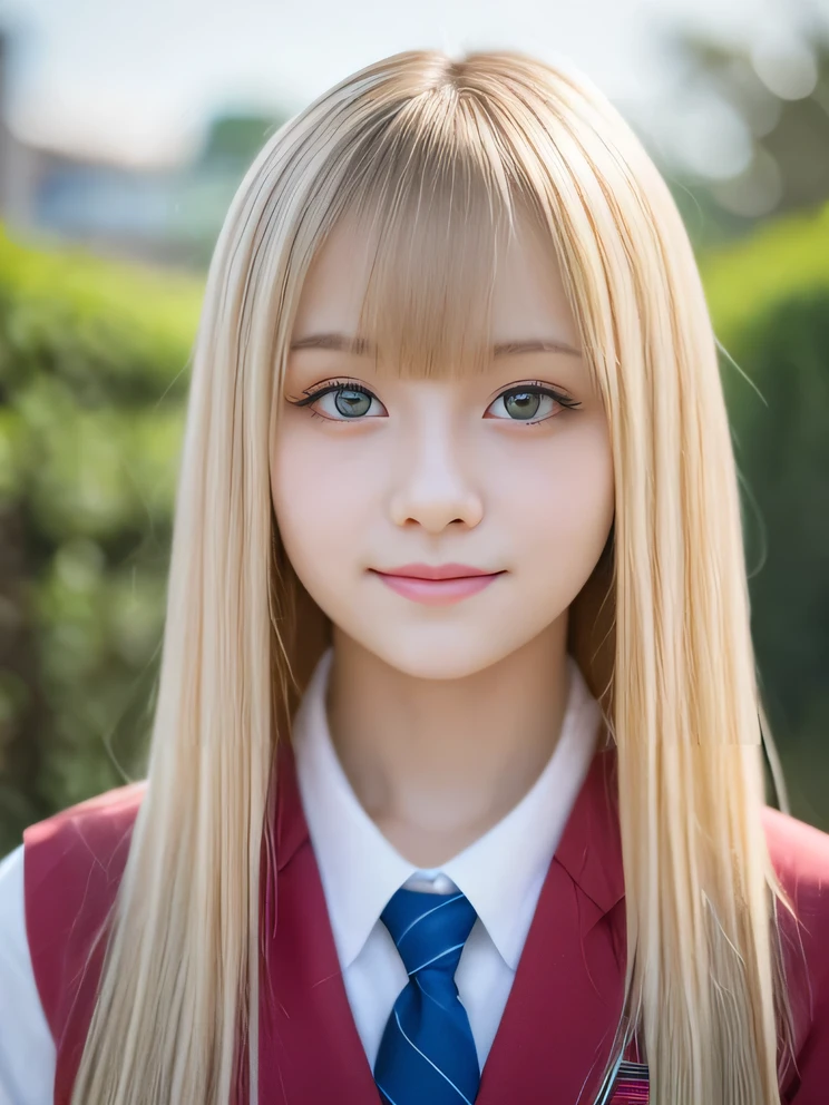 Portrait、School uniforms、Bright expression、Younger, brighter, whiter skin、Best Looks、Blonde reflection、Platinum blonde hair with dazzling highlights、Shiny bright hair,、Super long, silky straight hair、Shiny beautiful bangs、Sparkling, clear, attractive big blue eyes、A very beautiful, lovely and cute 16 year old girl、Ample breasts、