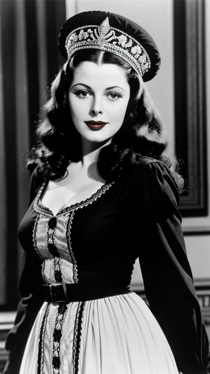 Hedy Lamarr dressed in traditional German clothing wearing lipstick and smiling